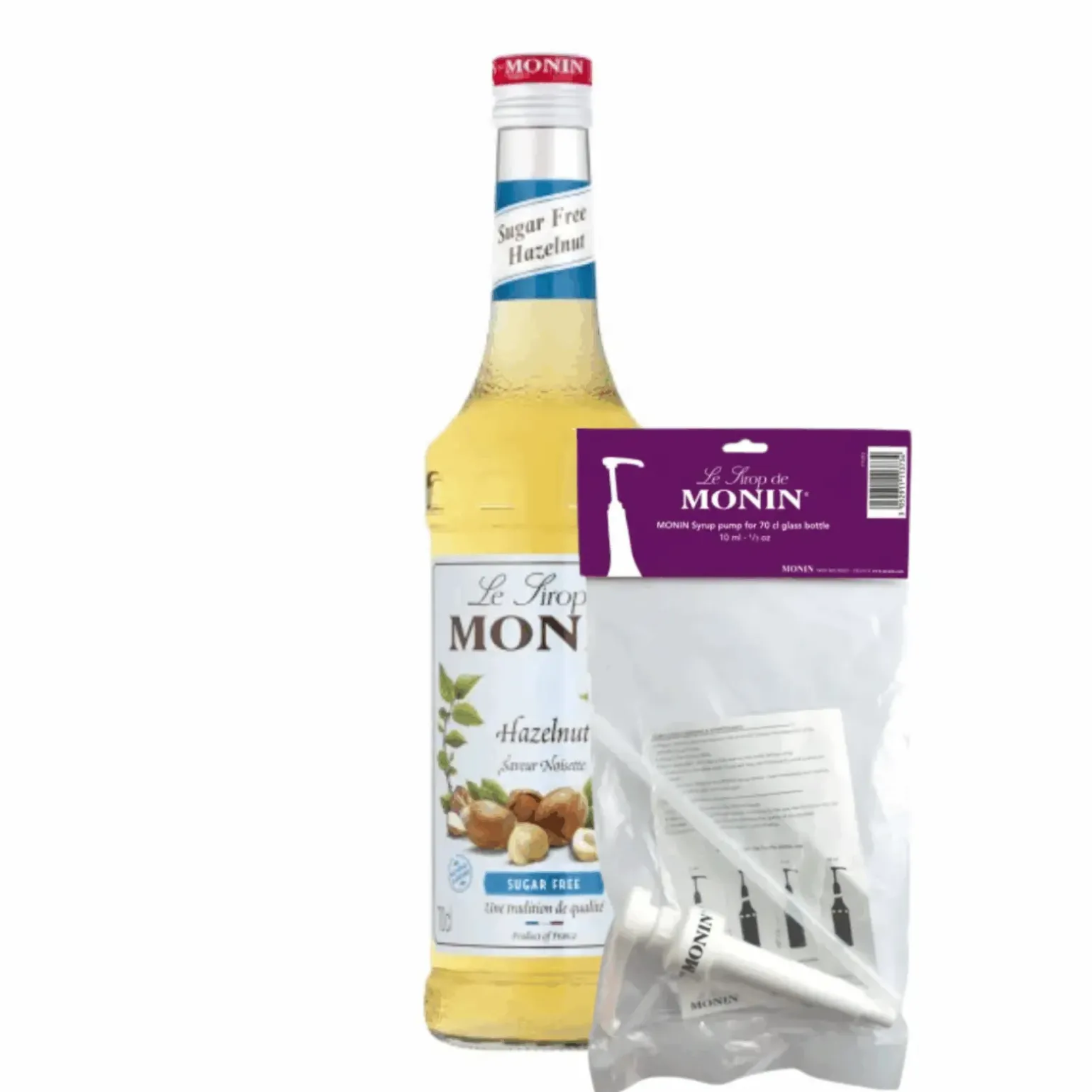 Monin Siroop Hazelnoot Suikervrij (70 cl) + Monin Siroop Pompje (10Ml)